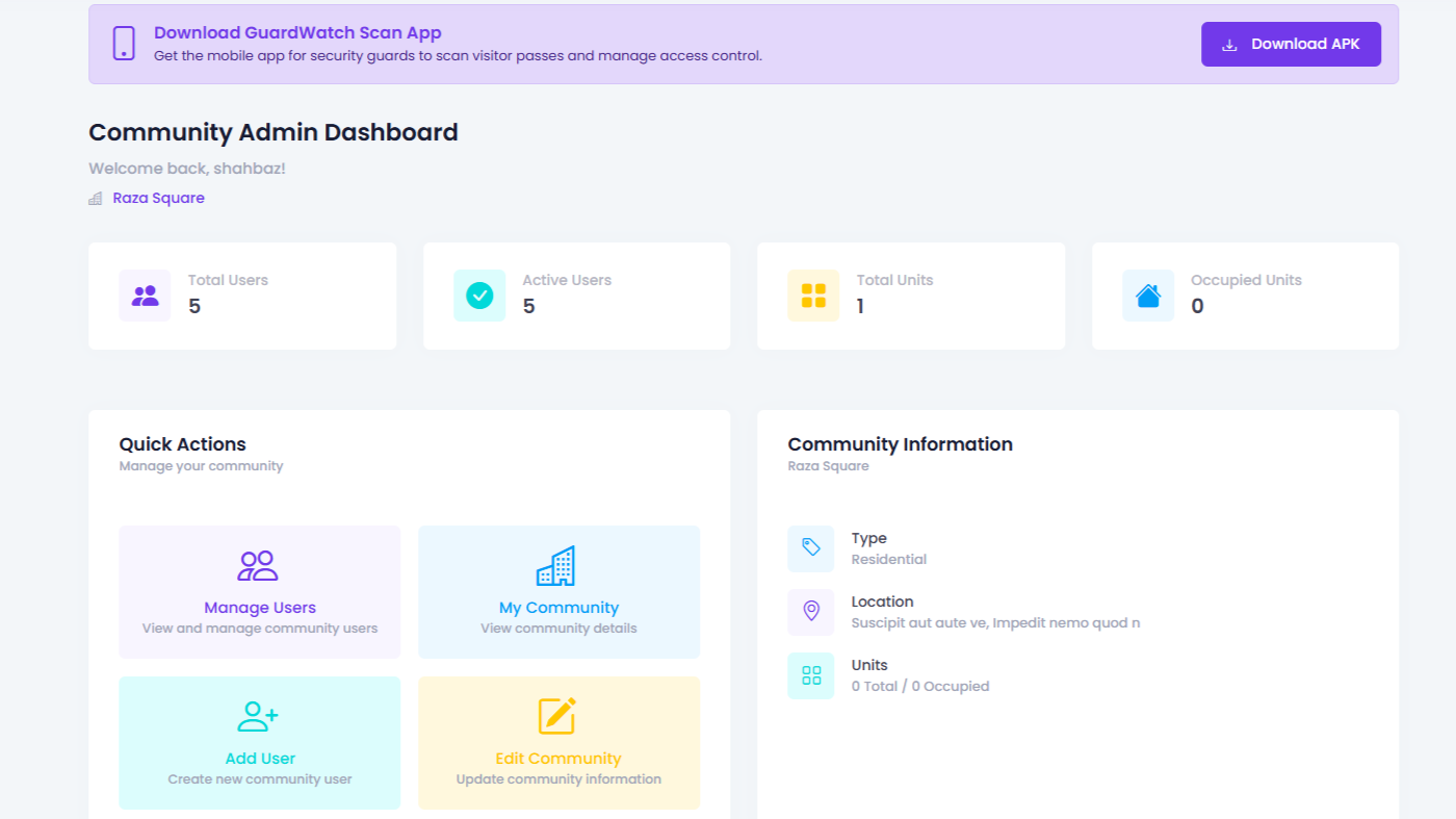 GuardWatch society admin dashboard for housing societies